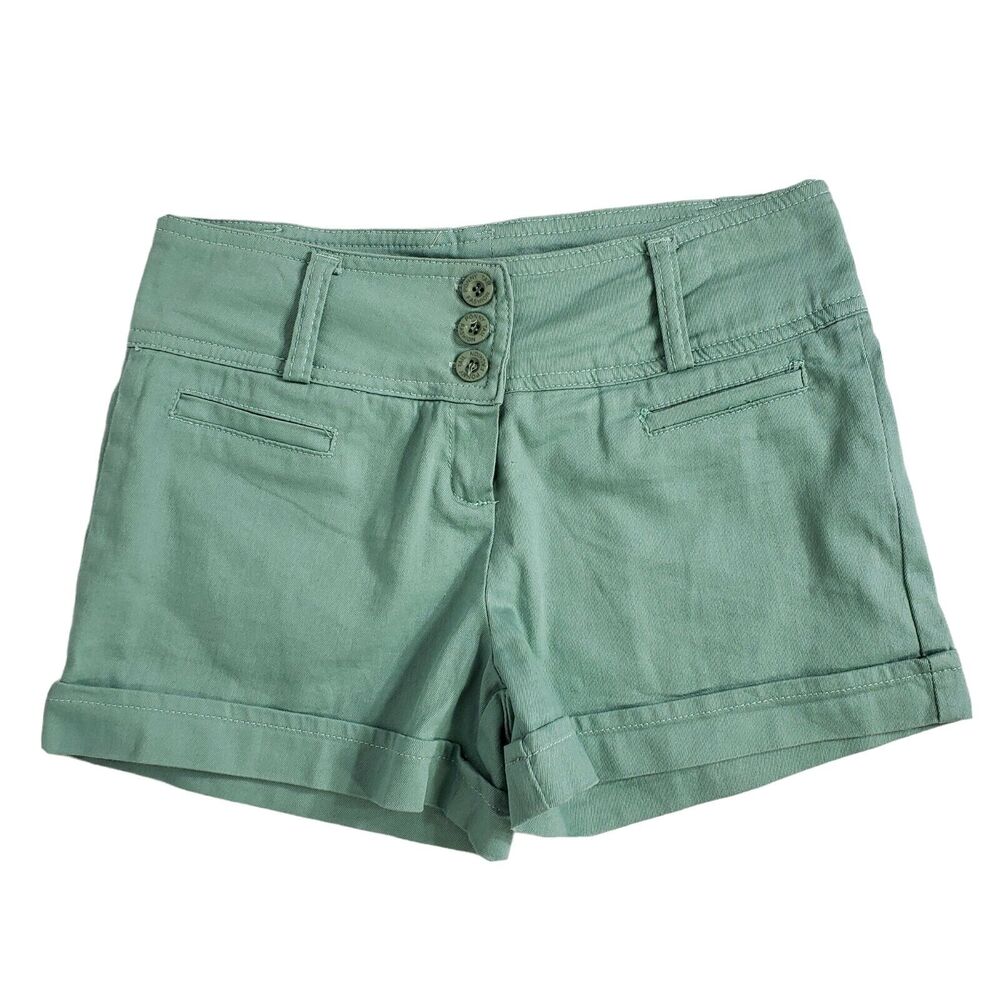 2Sable Womens Shorts Size Medium Green Denim Cuffed Mid Rise 3 Button Closure